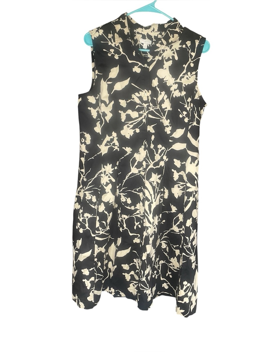 Talbots black & cream floral button up sleeveless midi dress 14